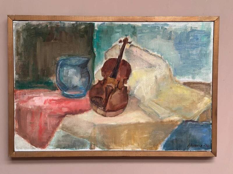 Oil on canvas “Still life with guitar” by Helerie 70, vintage & framed 62x42cm