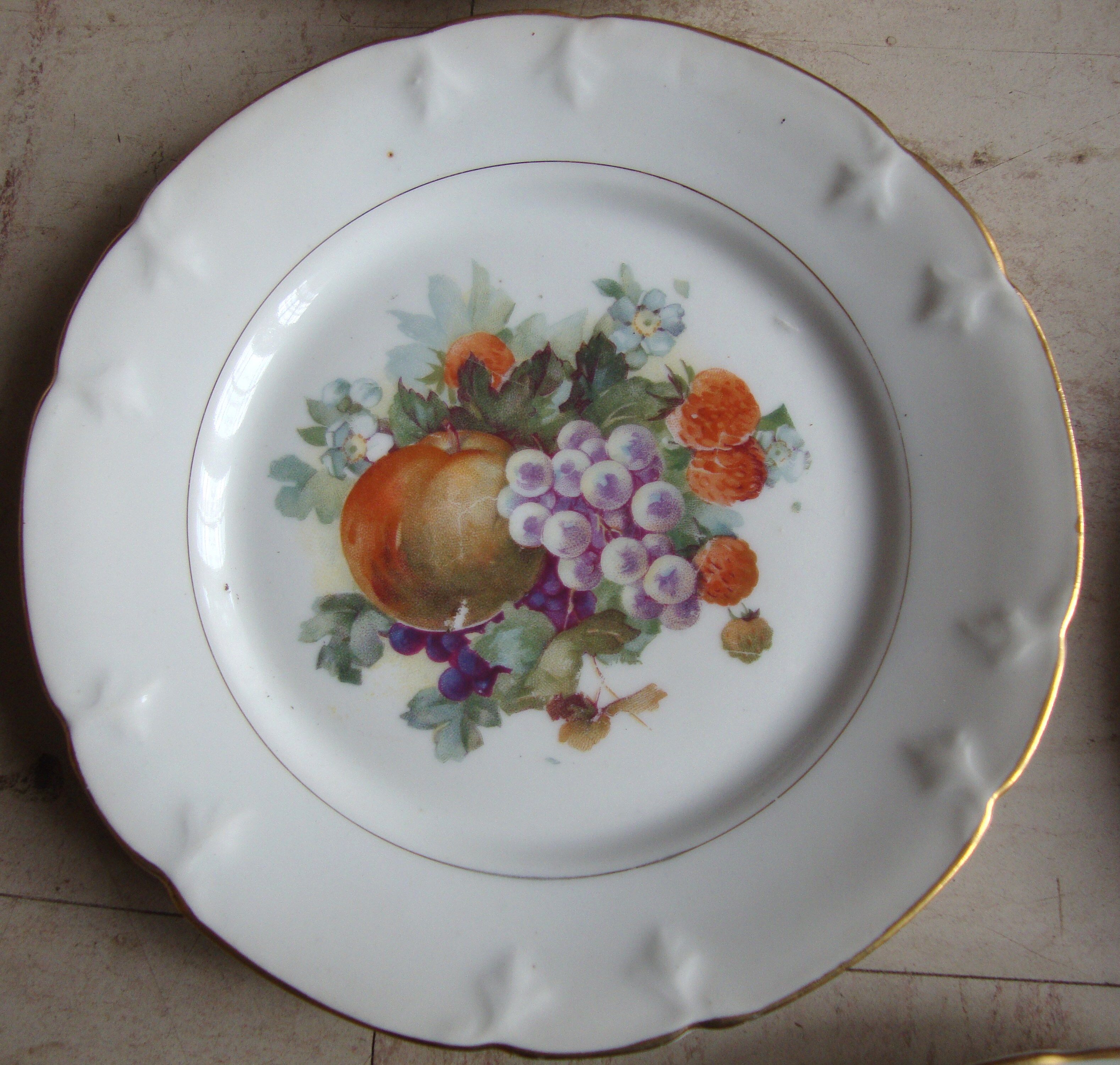 Set of 5 antique Limoges porcelain plates L.J.V with fruit decoration