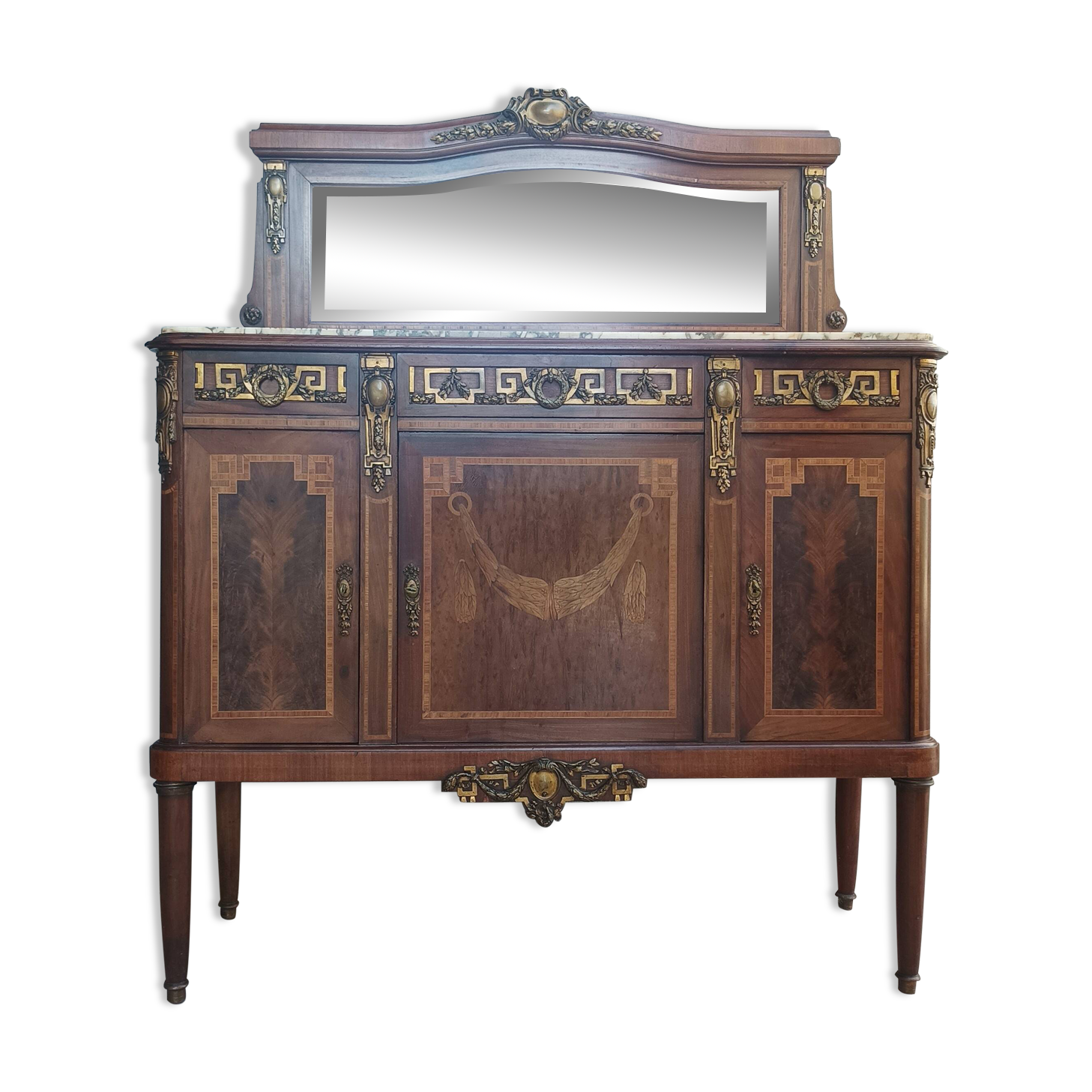 Buffet desserte Louis XVI en placage d'acajou et marqueterie de bois précie