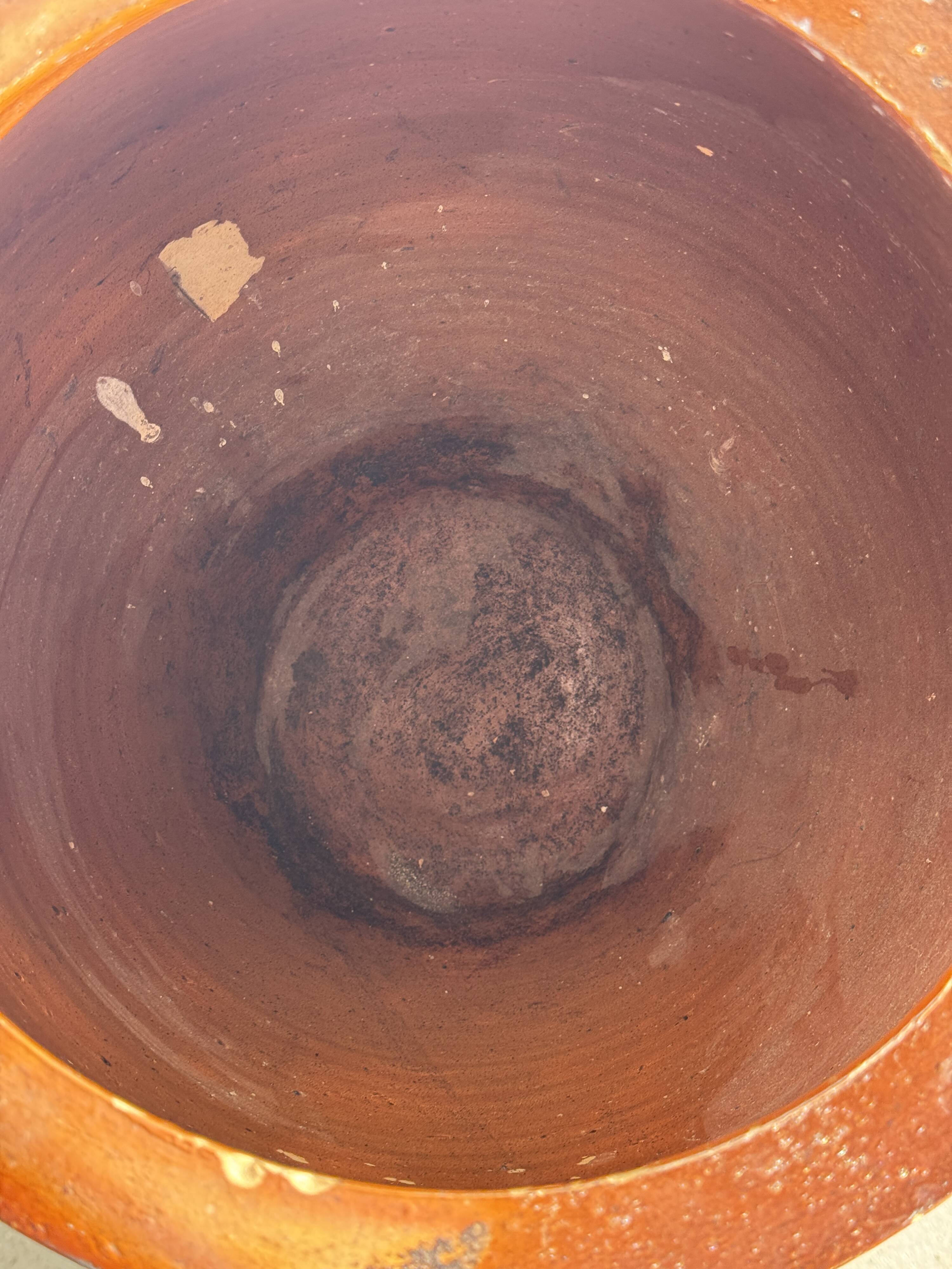 Very large glazed brown terracotta pot with two handles H41 D30