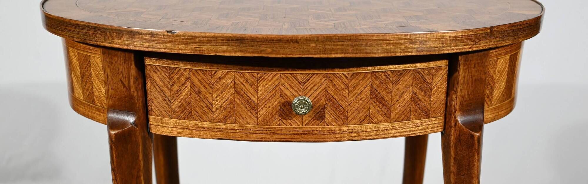Small Marquetry Living Room Table, Louis XV / Louis XVI Transition style – 1920