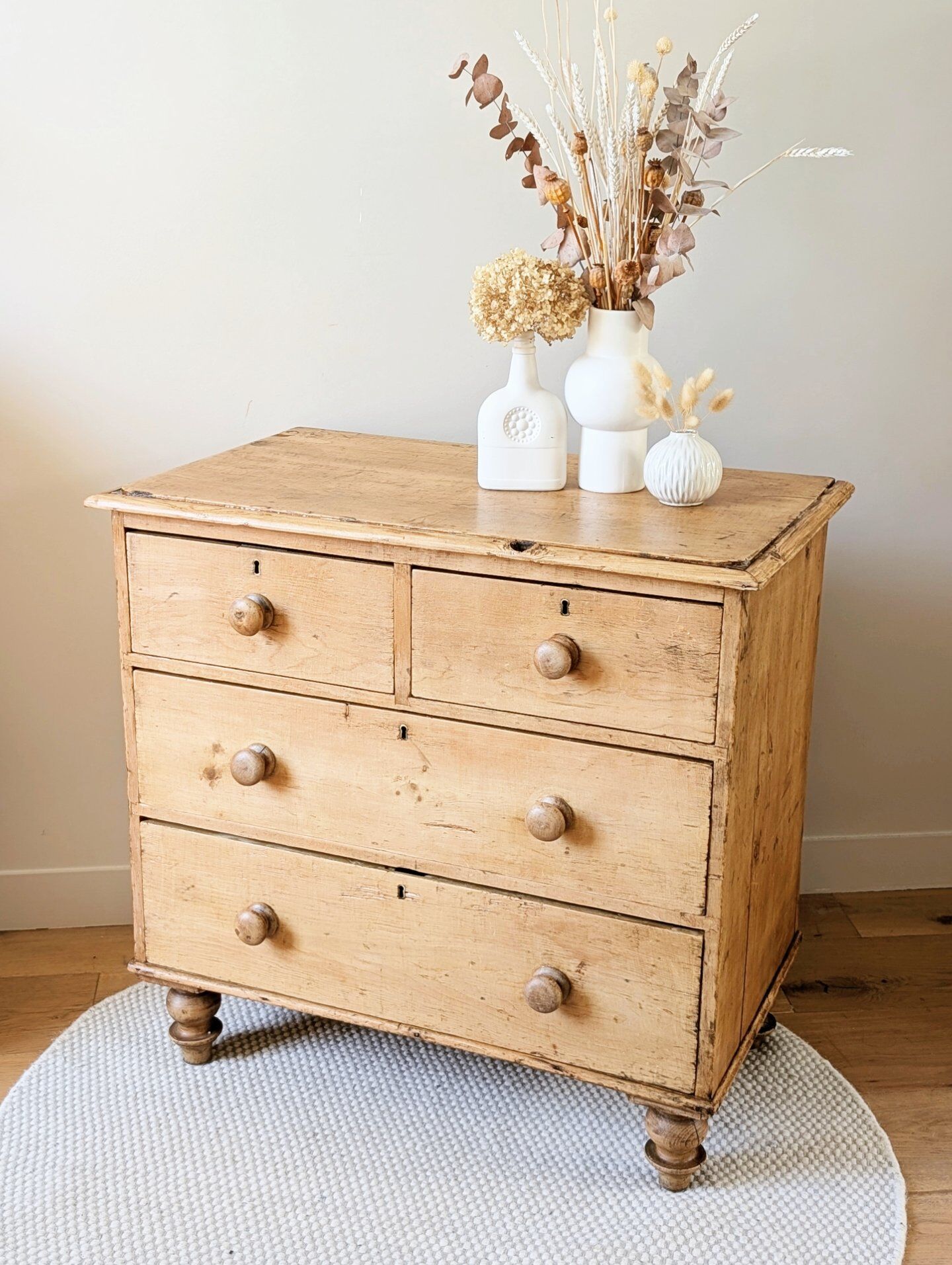 Renovated antique English solid pine chest of drawers.