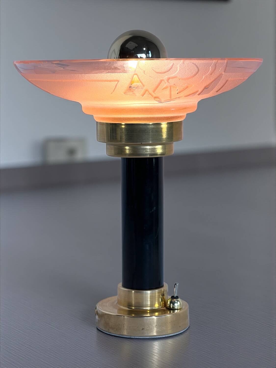 Art Deco bedside lamp with signed Muller glass.