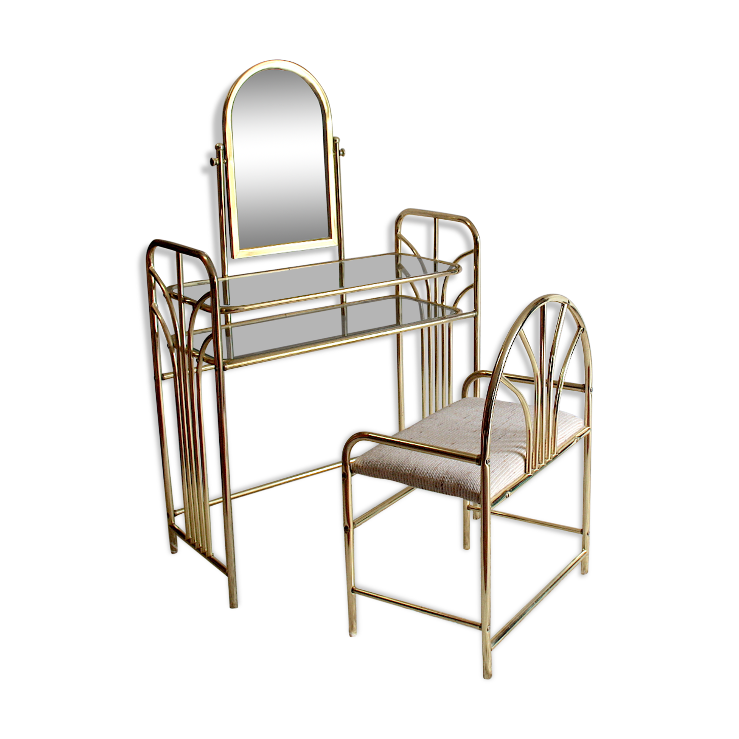 Coiffeuse et son siège métal doré années 70