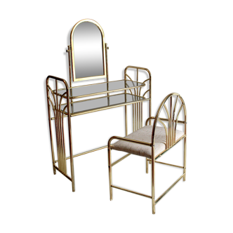 Coiffeuse et son siège métal doré années 70