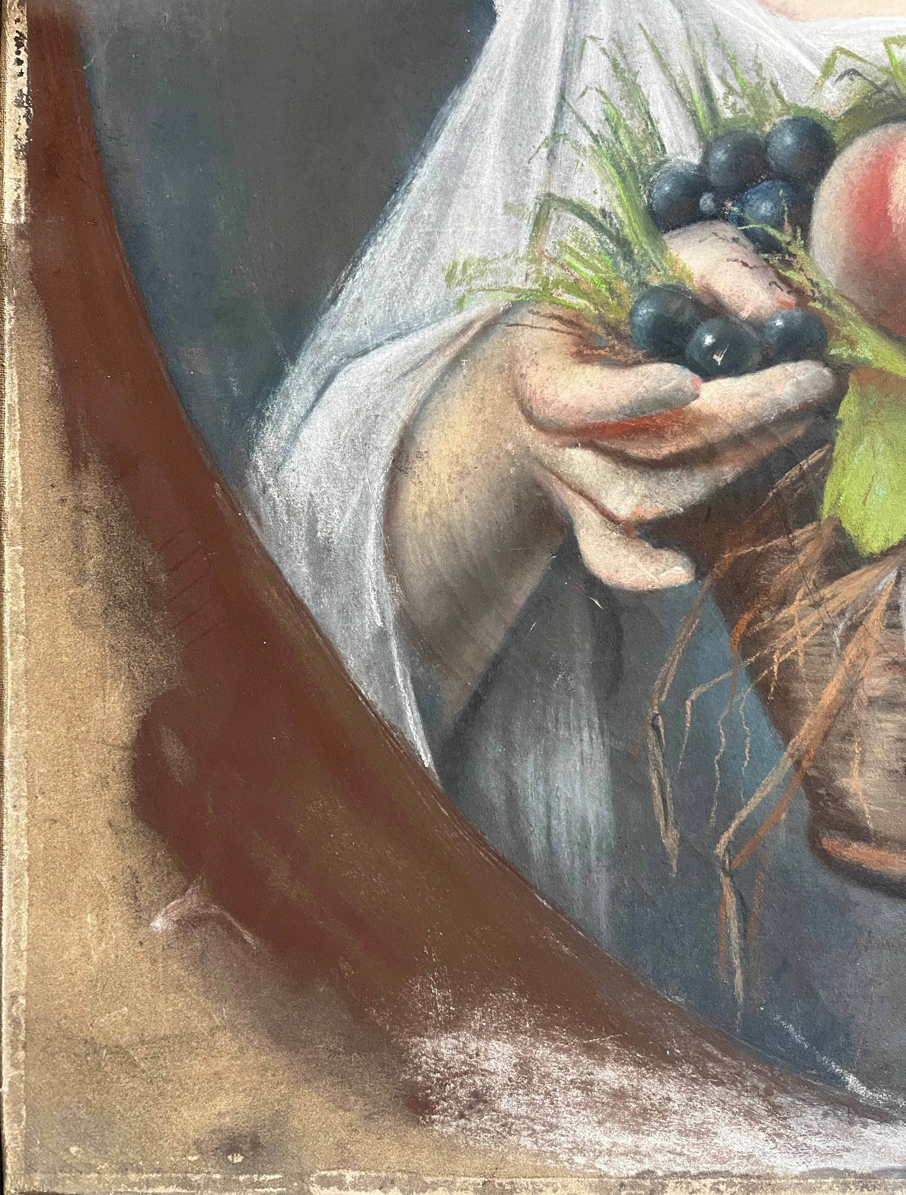 Tableau Pastel 1857 "Jeune fille aux fruits" par Mme Ganthenet