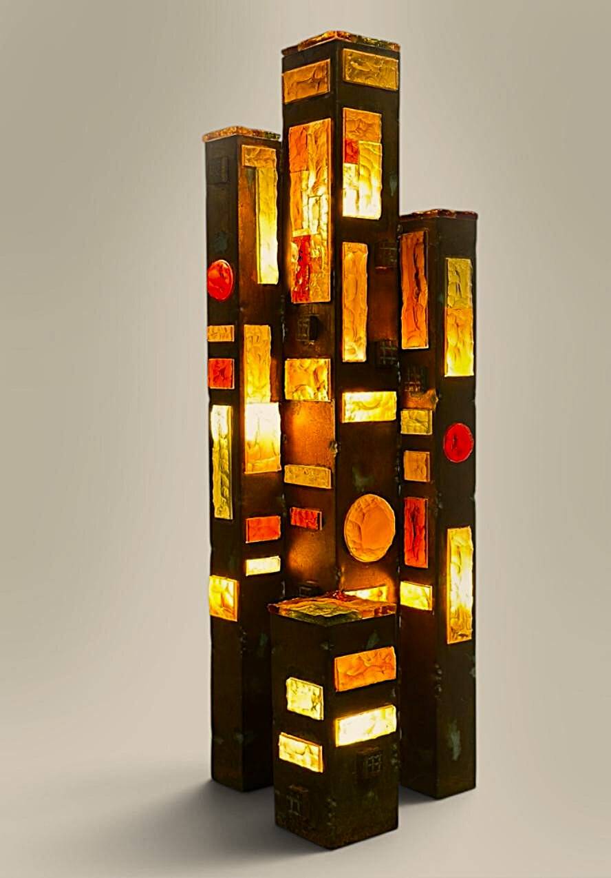 1970s Longobard Floor Lamp – Hammered Glass & Wrought Iron, Italy