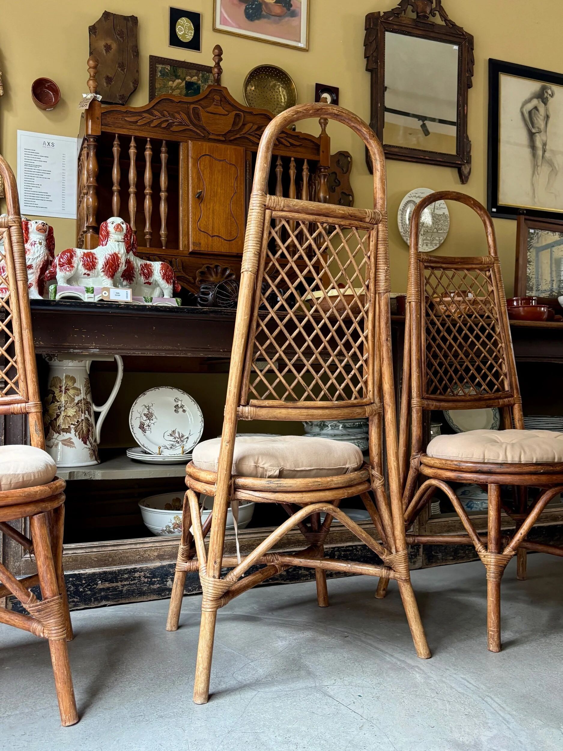 4 bent bamboo and rattan chairs