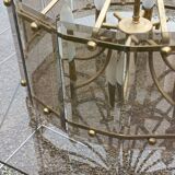 70s designer chandelier with smoked glass plates and gold metal frame
