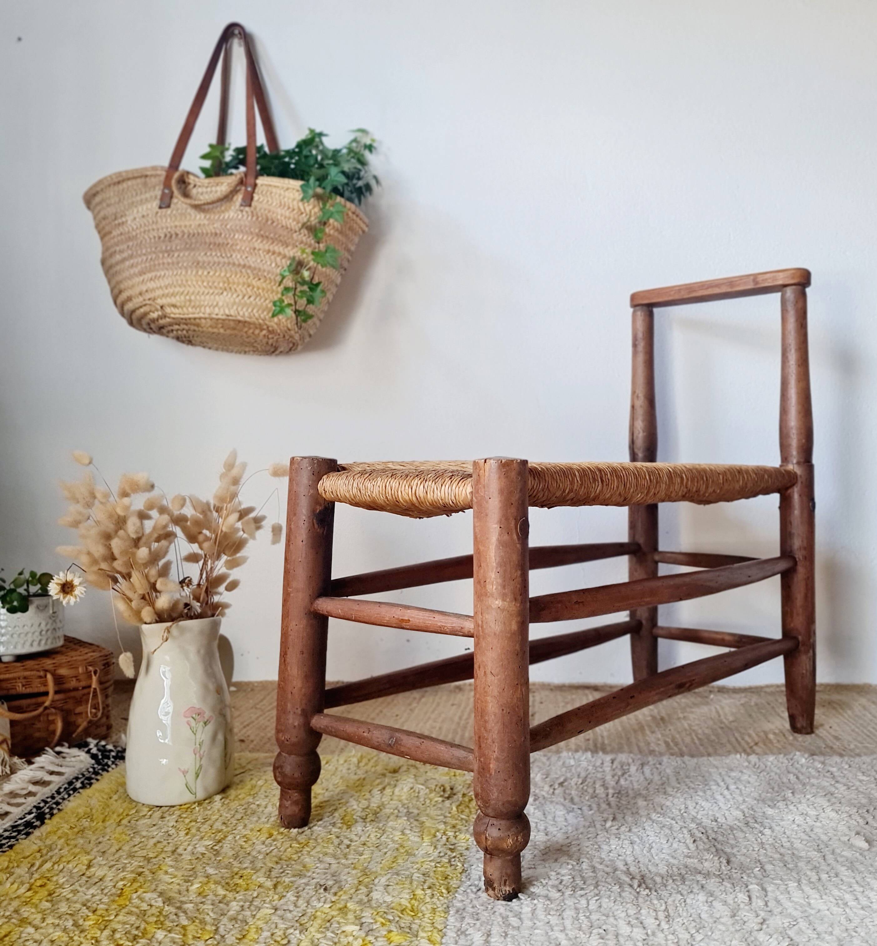 Turned wooden bench and straw - 1950s