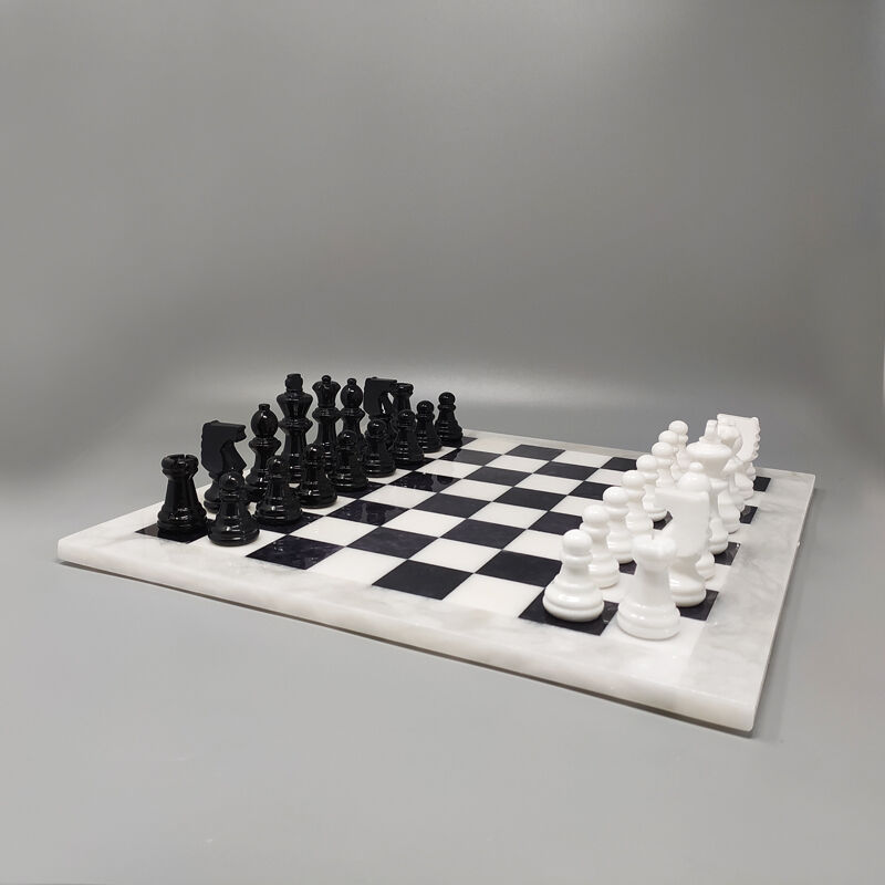 1970s black and white chess set in volterra alabaster handmade made in italy
