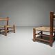 Pair of rustic French low chairs made of elm wood and straw, 1960s.