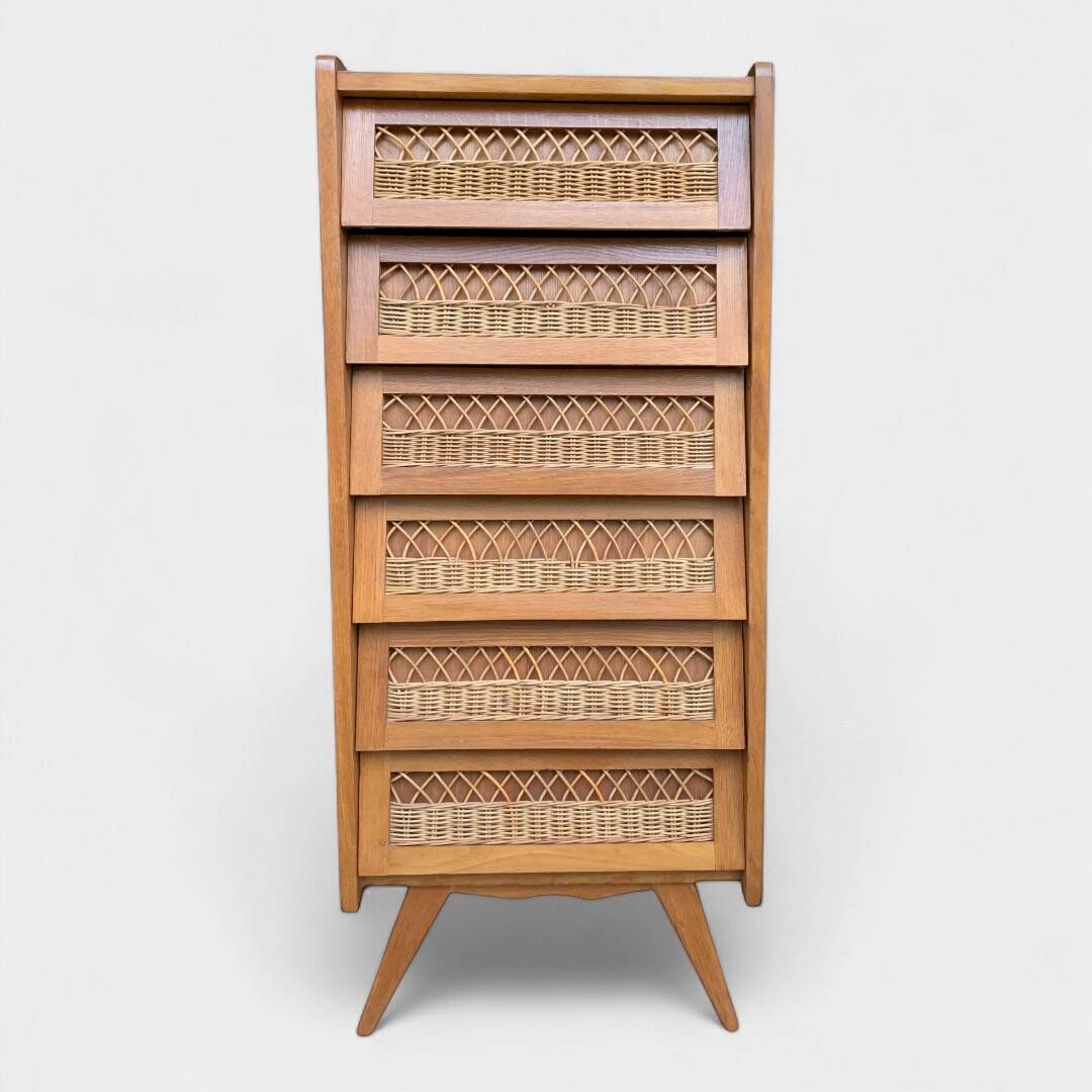 Vintage rattan chiffonier with compass feet 1950