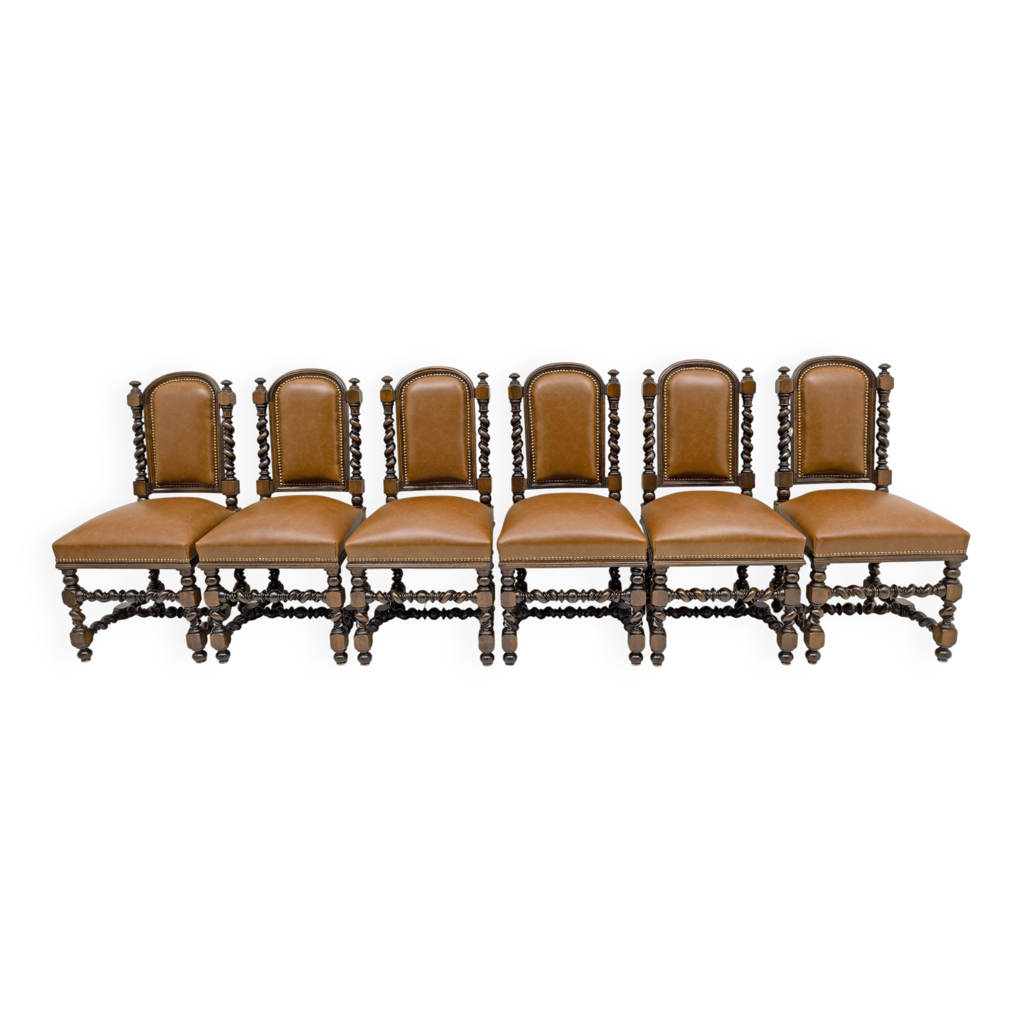 Six Antique Italian Neo-Renaissance Walnut Dining Chairs in Genuine Leather