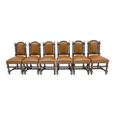6 chaises de salle à manger néo-renaissance en noyer et cuir, Italie fin XIXème