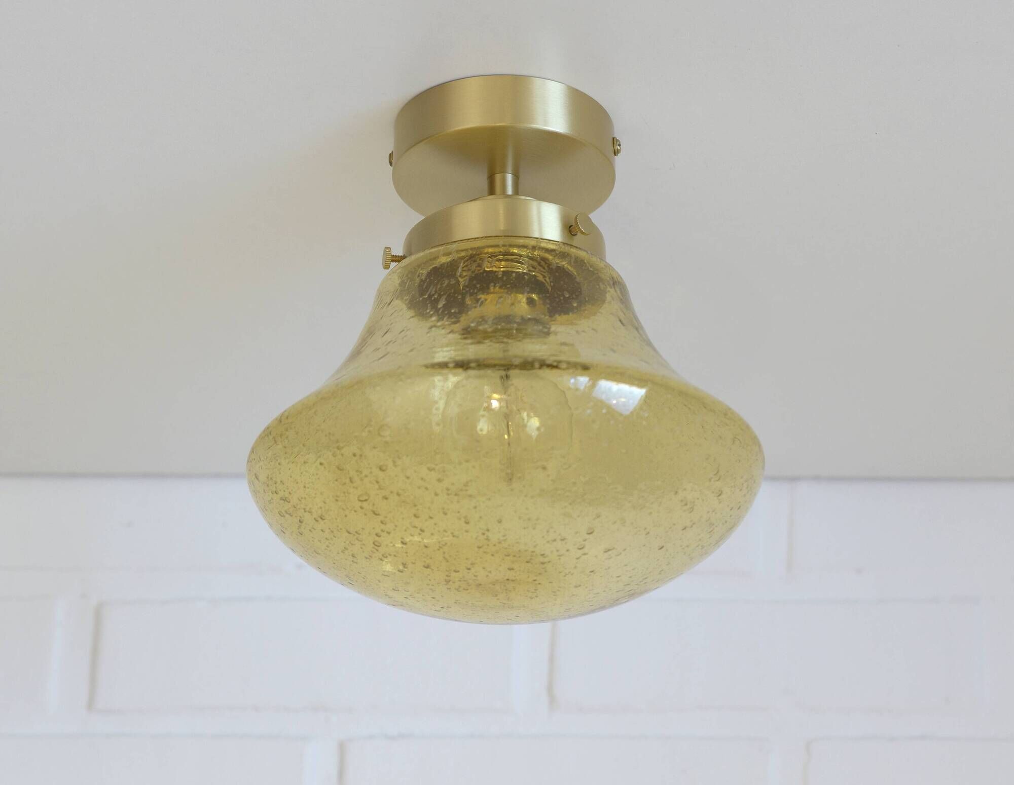 Amber Bubble Glass Ceiling Light, Brass Semi Flush Mount, Mushroom Lamp