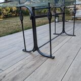 Glass and metal table with 8 chairs