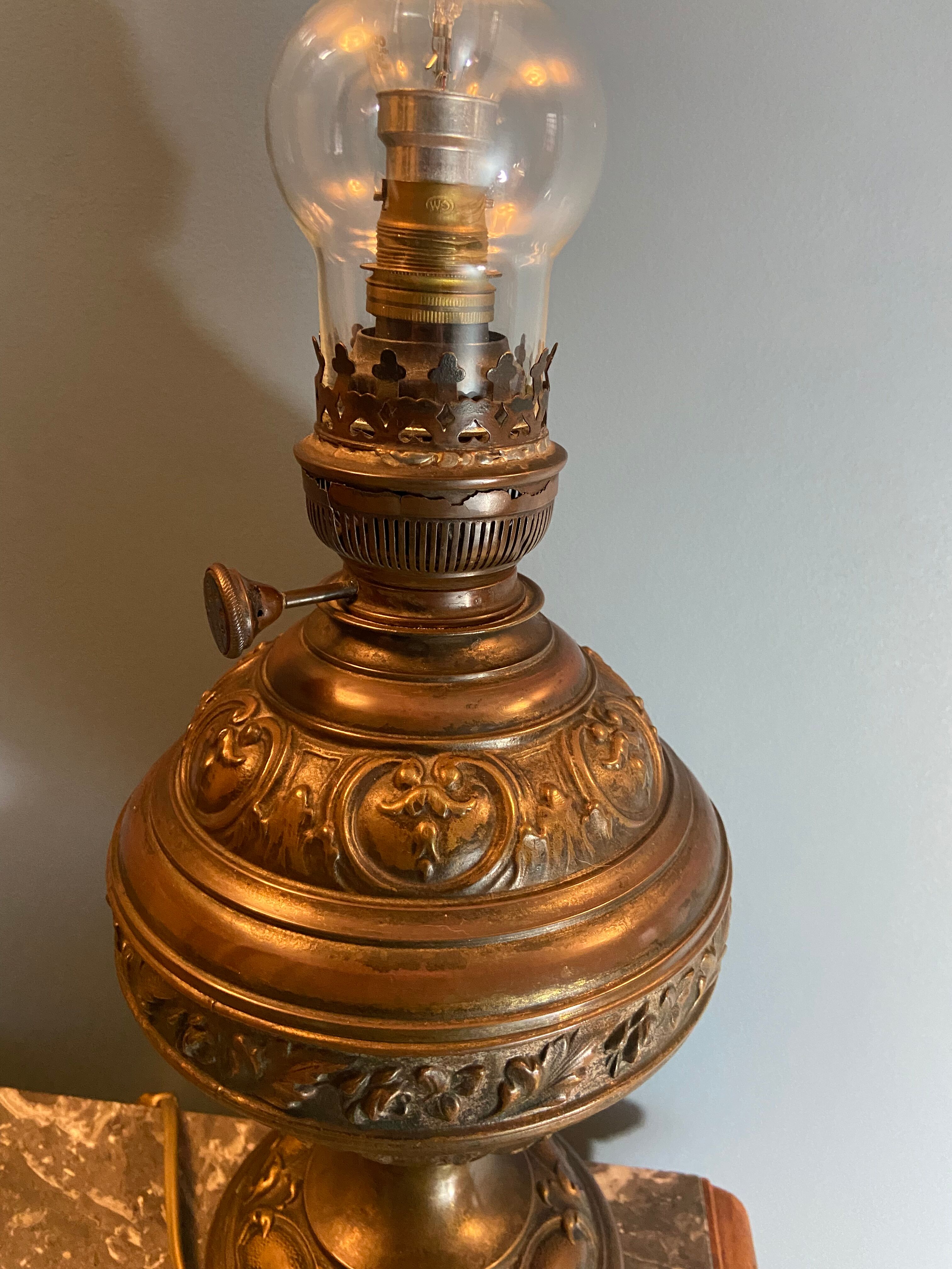 Nineteenth electrified brass kerosene lamp