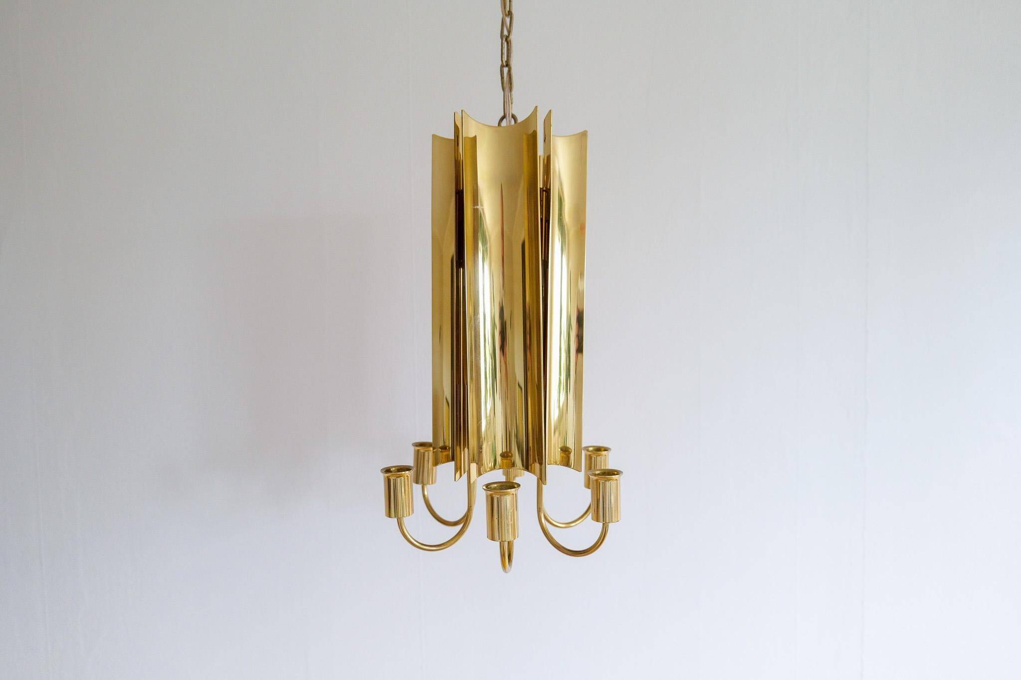 Modern mid-century brass chandelier Reflex Pierre Forssell Skultuna, Sweden