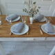 Farm table, leg and belt patinated pearl gray, waxed top medium oak.