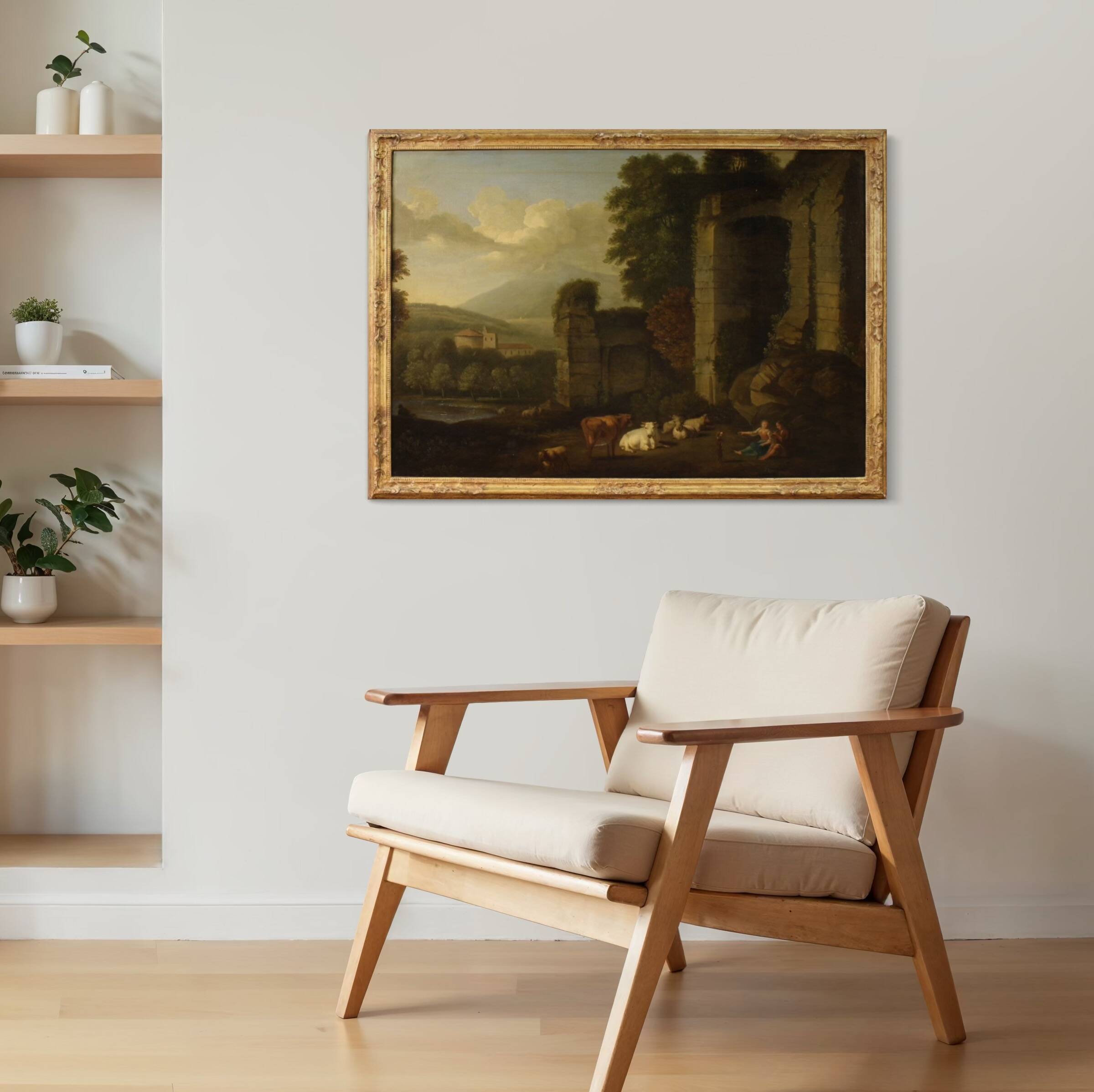 Great 17th century Italian painting, bucolic landscape with ruins