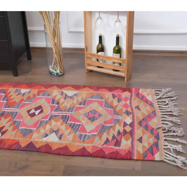 1970s Vintage Turkish Hand-Knotted Wool Cotton Pink Runner Rug 92x343