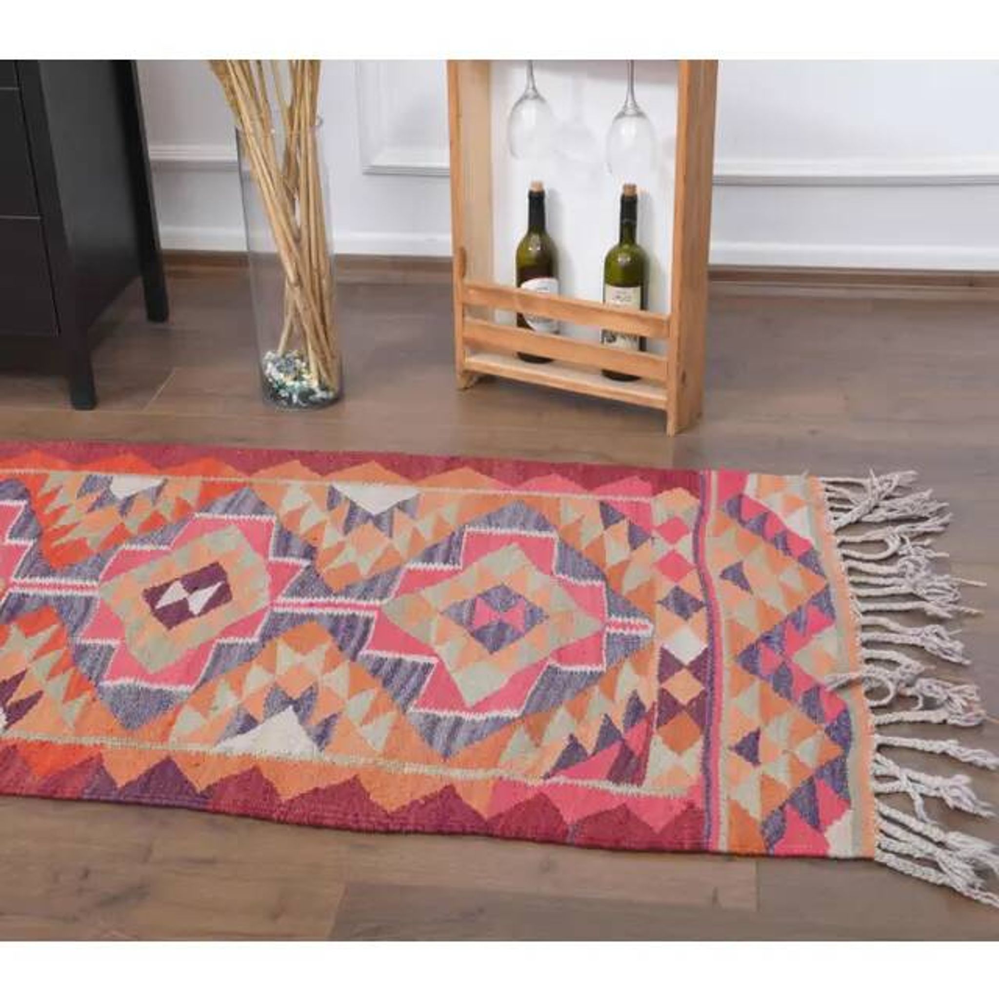 1970s Vintage Turkish Hand-Knotted Wool Cotton Pink Runner Rug 92x343