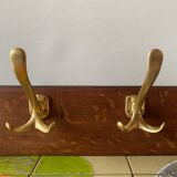 Vintage wooden wall coat rack with 4 double golden aluminum hooks