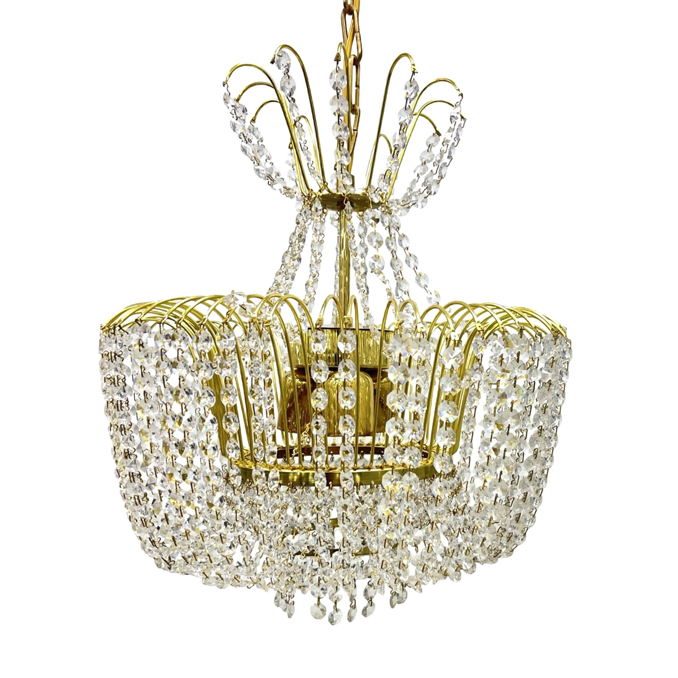 Kamenický Šenov crystal chandelier, gilded brass, 1970s, Czechoslovakia