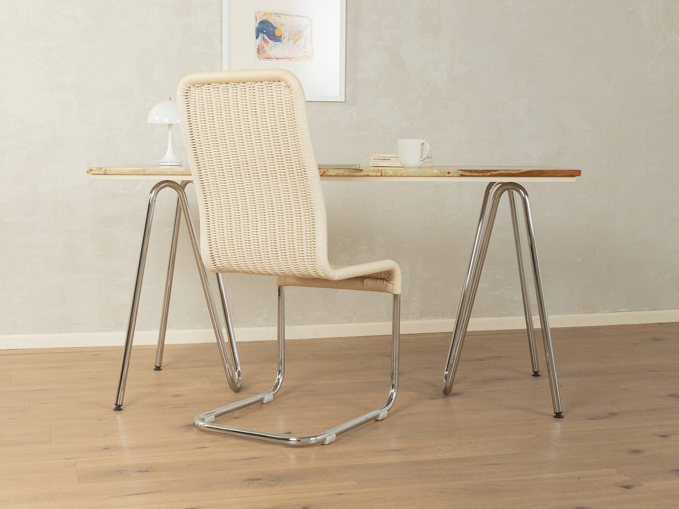 Unique desk from the 1970s with onyx marble top and stainless steel 'Grasshopper' legs