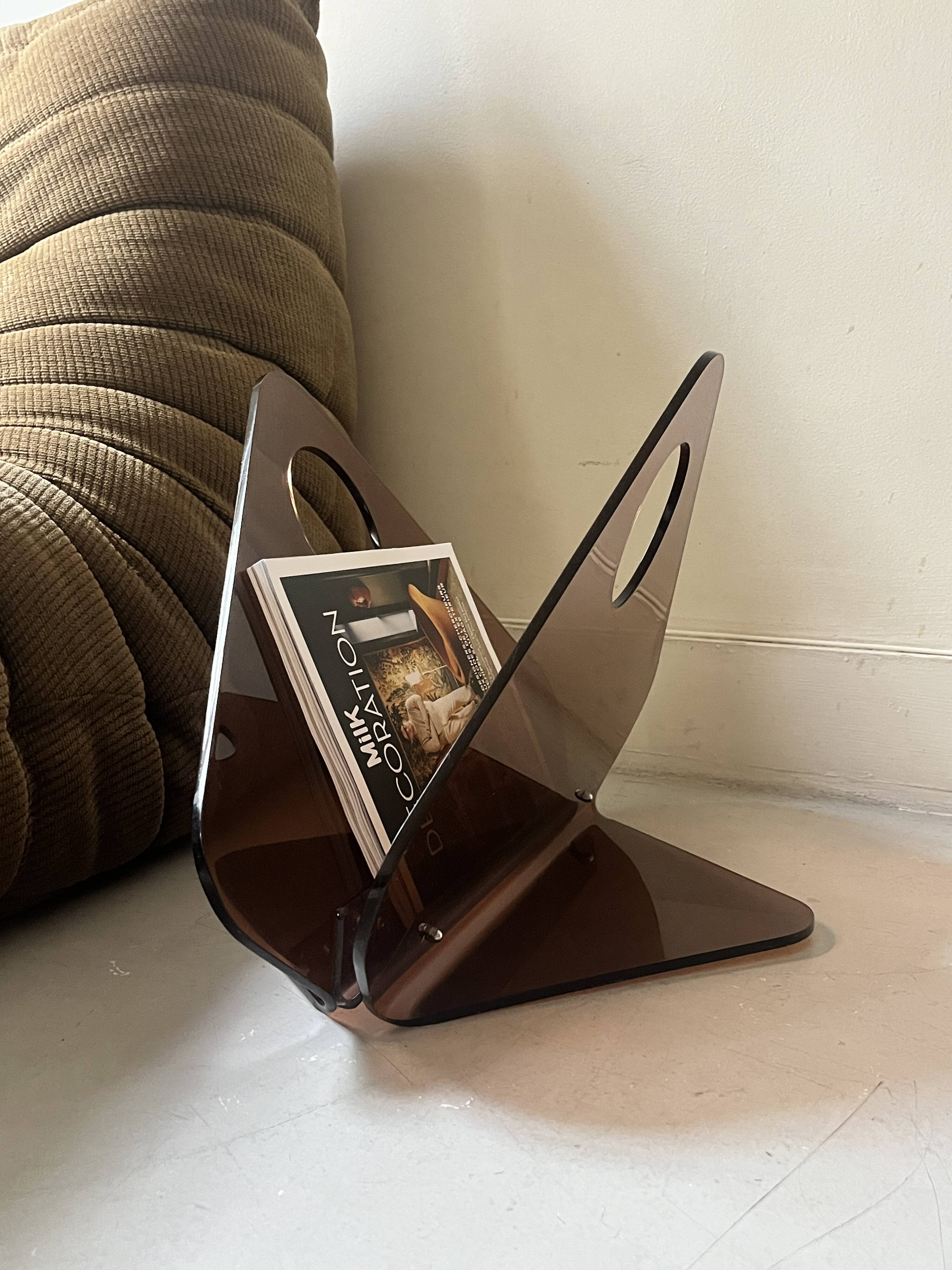 magazine holder in smoked plexiglass, design 1970
