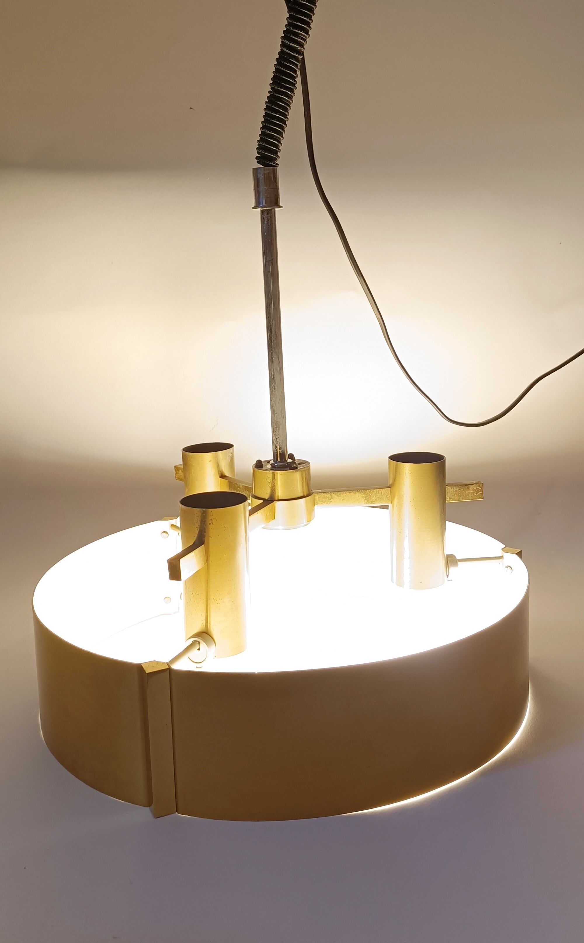 Italian 3-light suspension UFO brushed aluminium and golden brass 1970