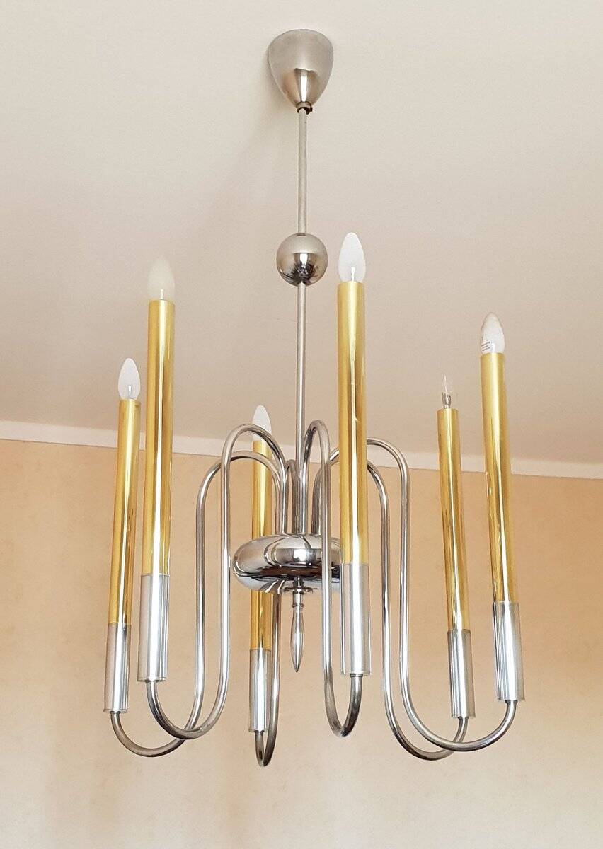 1950s chandelier in brass and chrome-plated brass with 6 lights