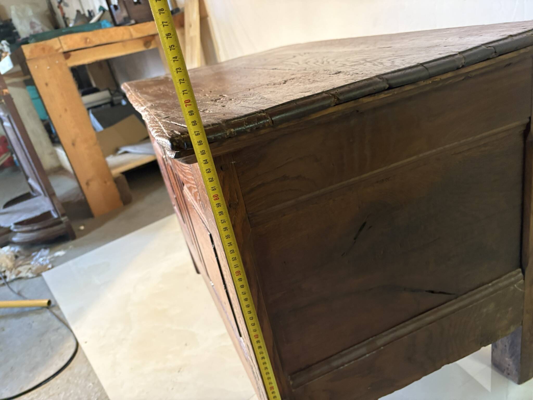Antique rustic oak chest with original hardware and molded panels
