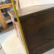 Rustic antique oak chest, original fittings and moulded panels.