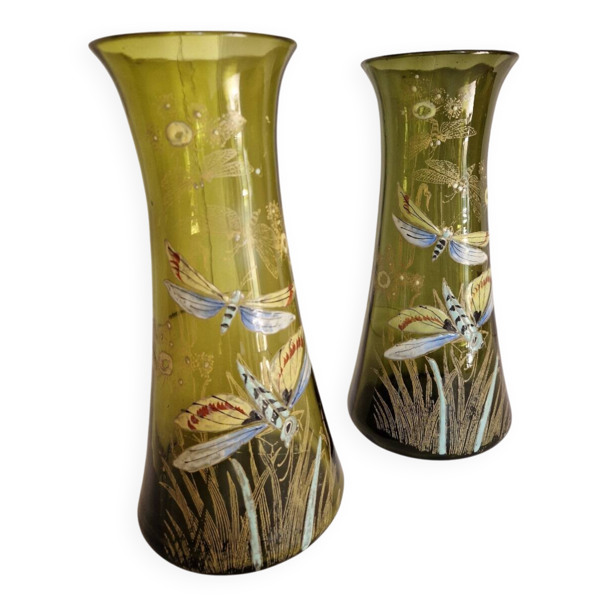 Pair of Enameled Glass Vases with Dragonflies. Unsigned Legras