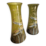 Pair of Enameled Glass Vases with Dragonflies. Unsigned Legras