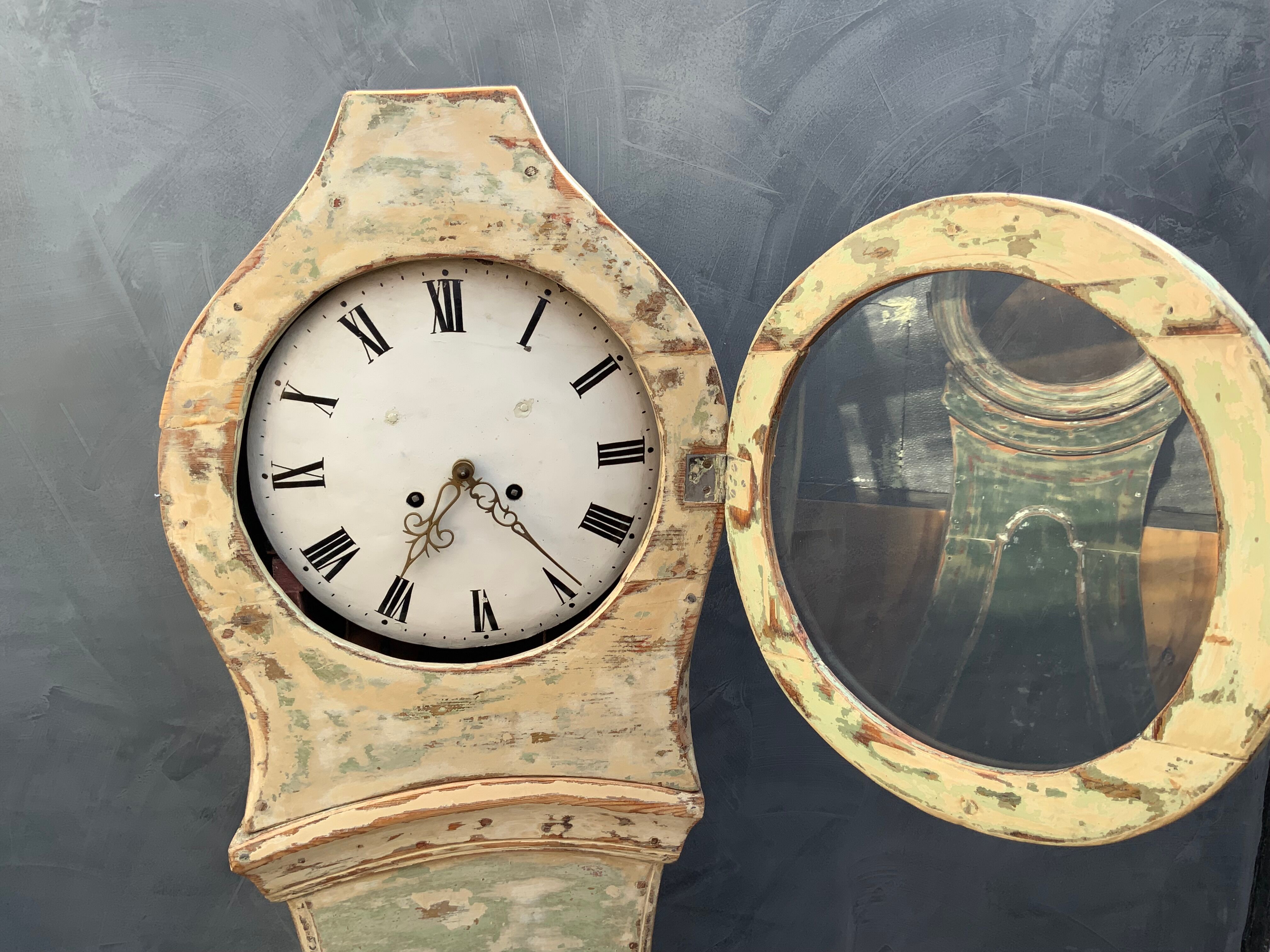 Antique mora clock long case, mint colour wood case 1800s