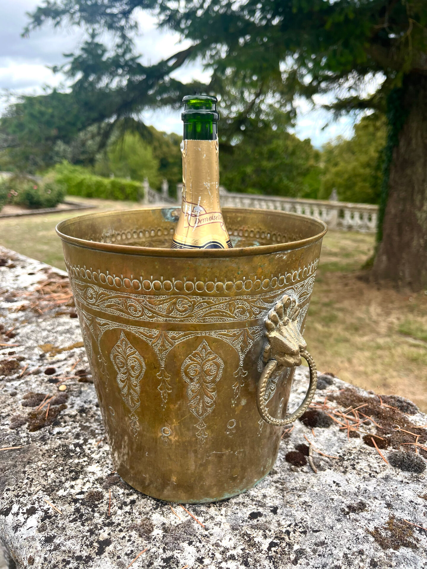 Persian Brass Champagne Bucket, Hand Engraved Ram Head Handles