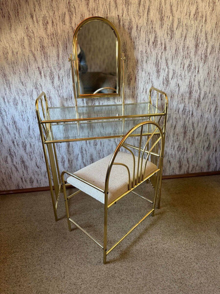 Vintage brass dressing table with mirror and matching stool, 1950s.