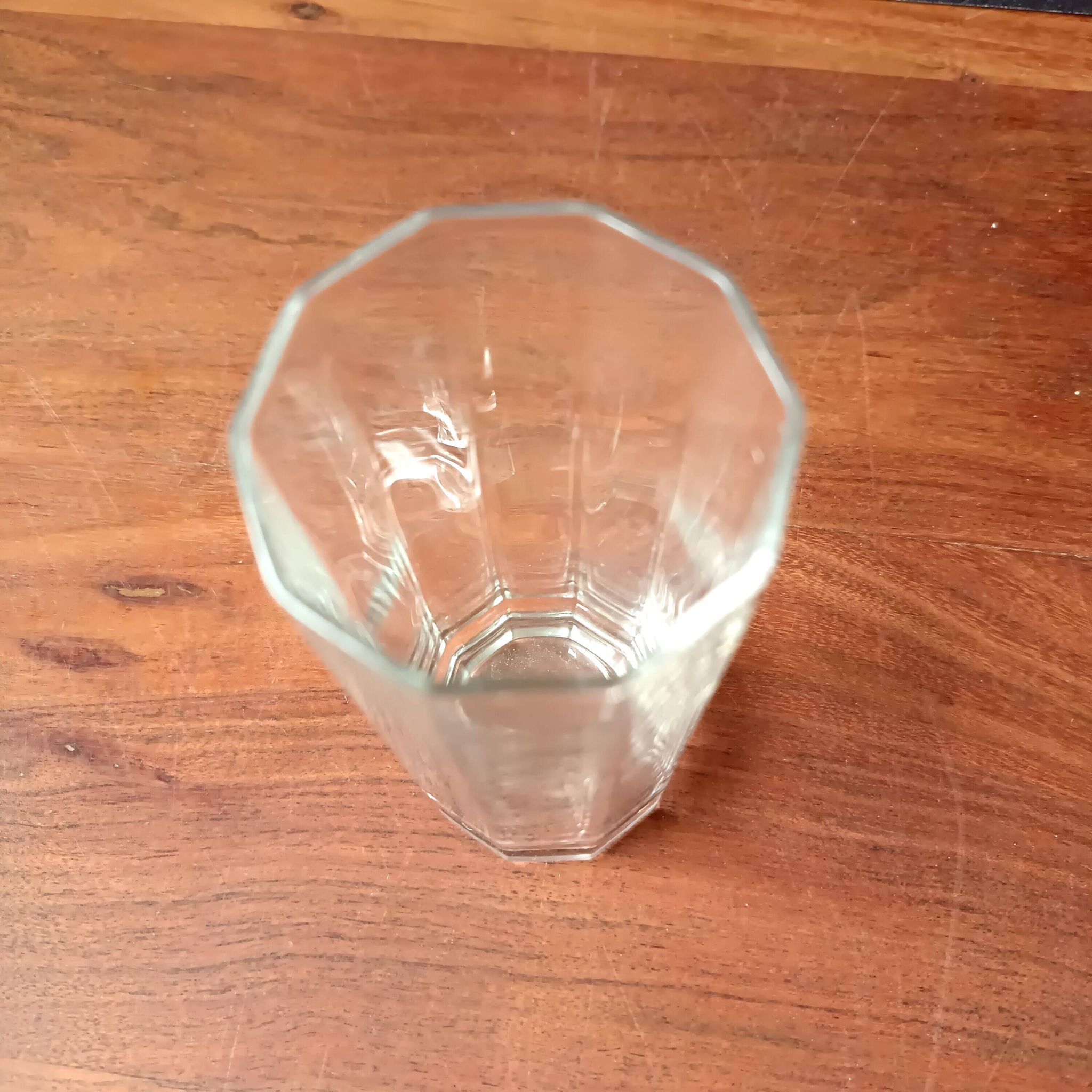 High glasses Luigi Bormioli, transparent decagonal glasses Italy.
