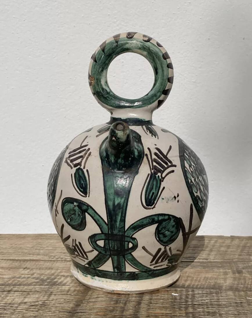 Hand-painted Picasso style ceramic bird jug signed Punter