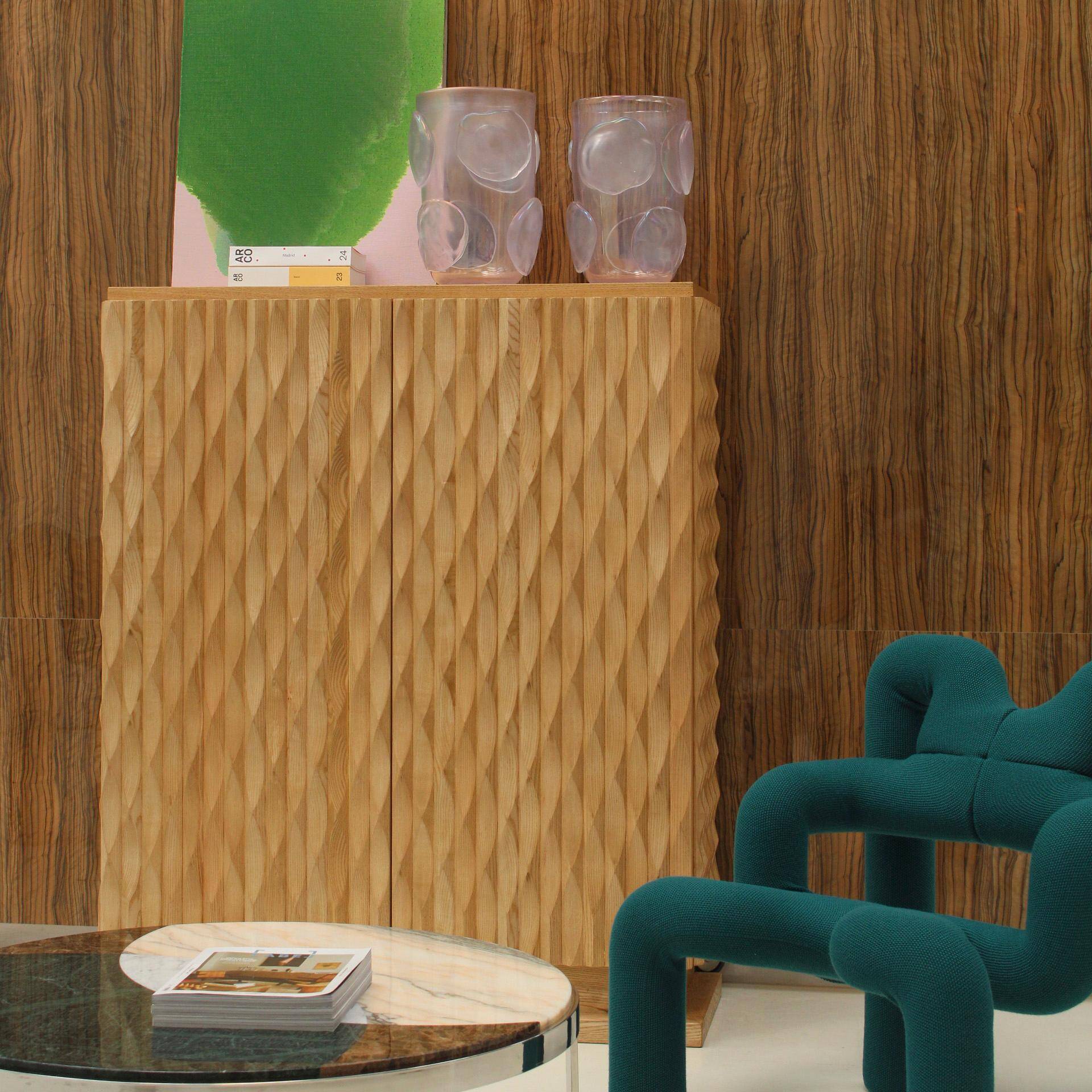 Brutalist Style Hand-carved Solid Oak Wood and Glass Mirror Italian Bar Cabinet