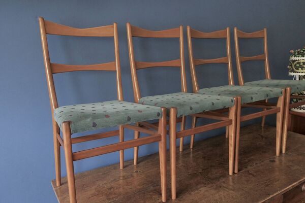 4 chaises de salle à manger en bois et tissu turquoise, 1960
