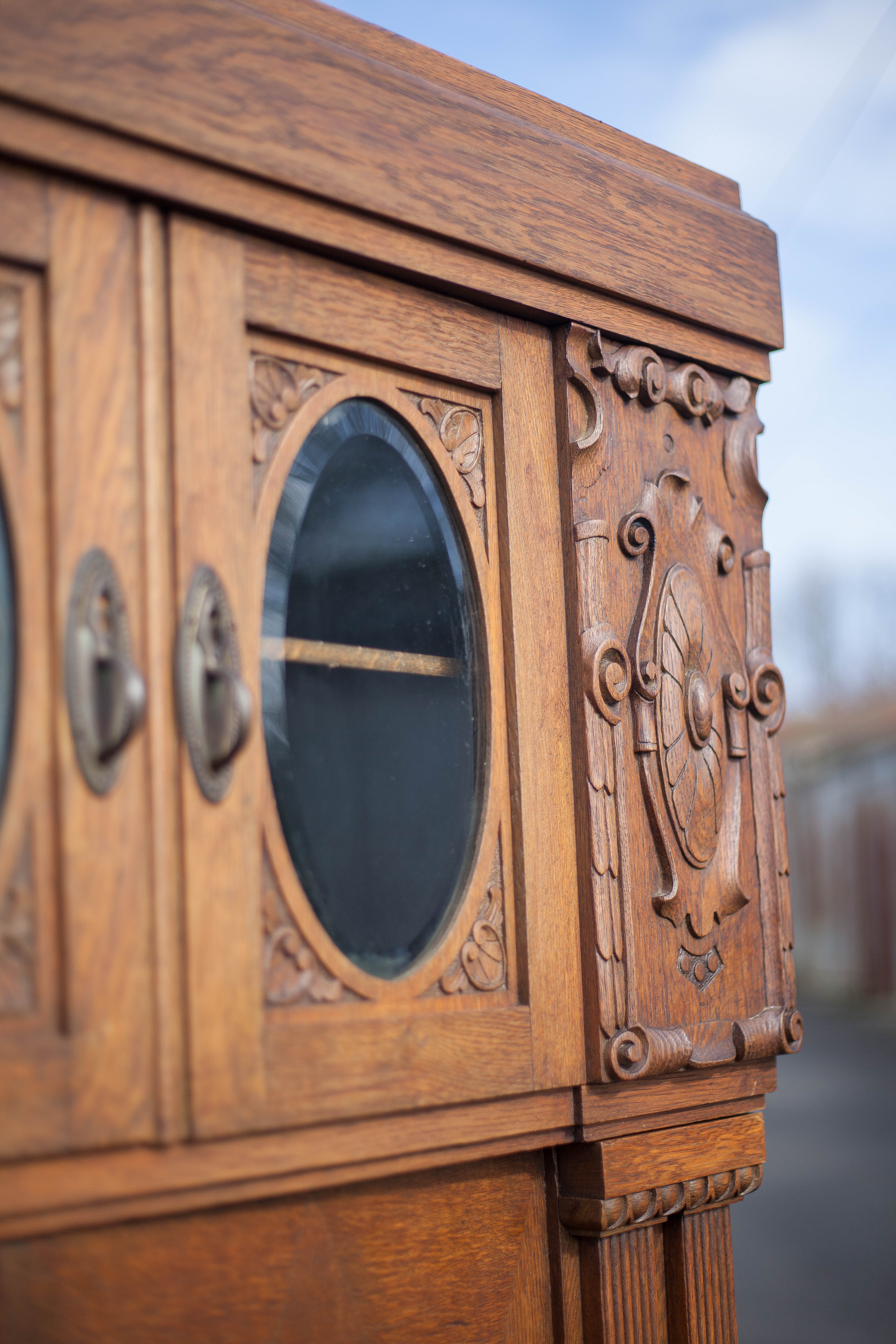Bookcase carved wood 3 old doors, bookcase window beveled
