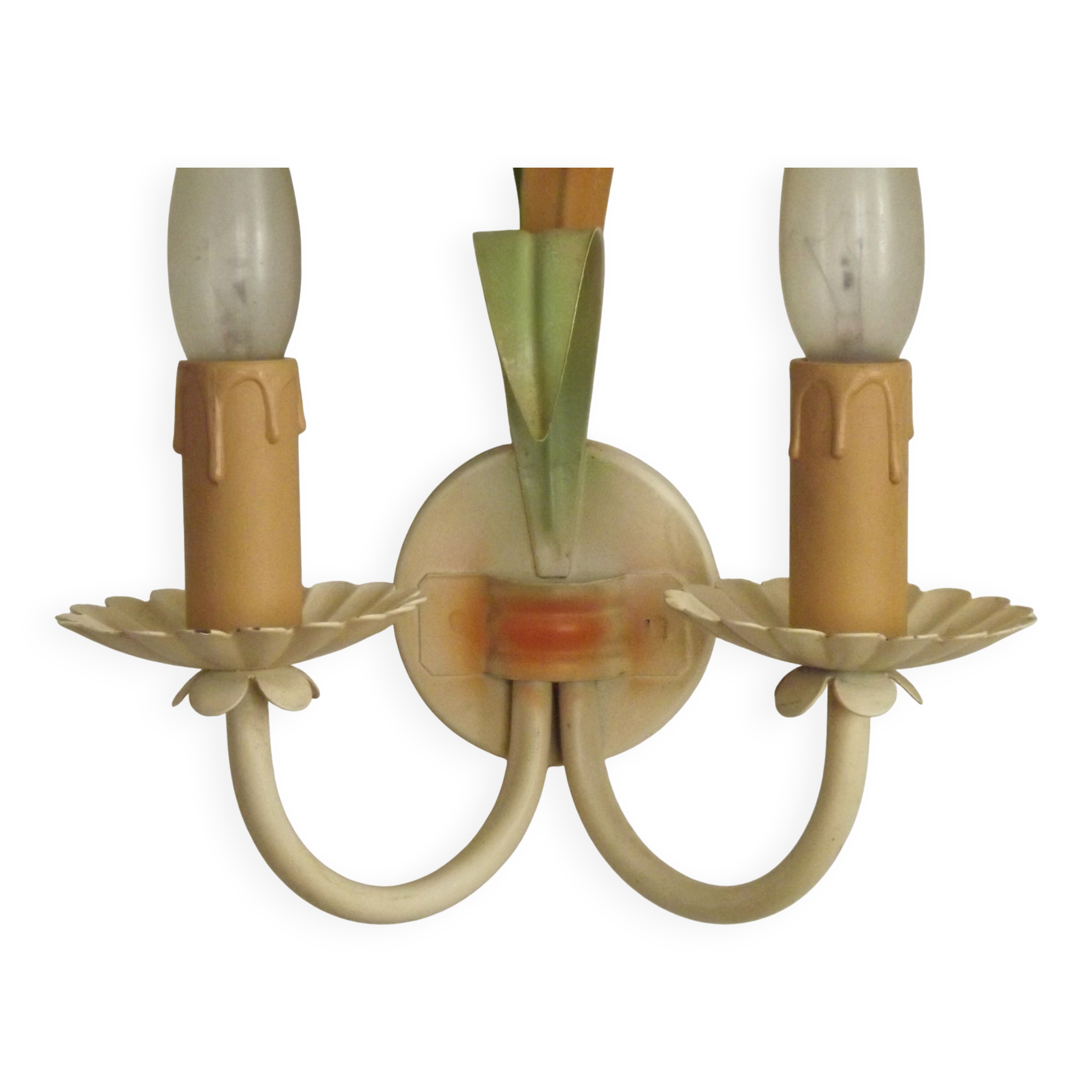 French vintage metal double wall light with peach and green leaves.