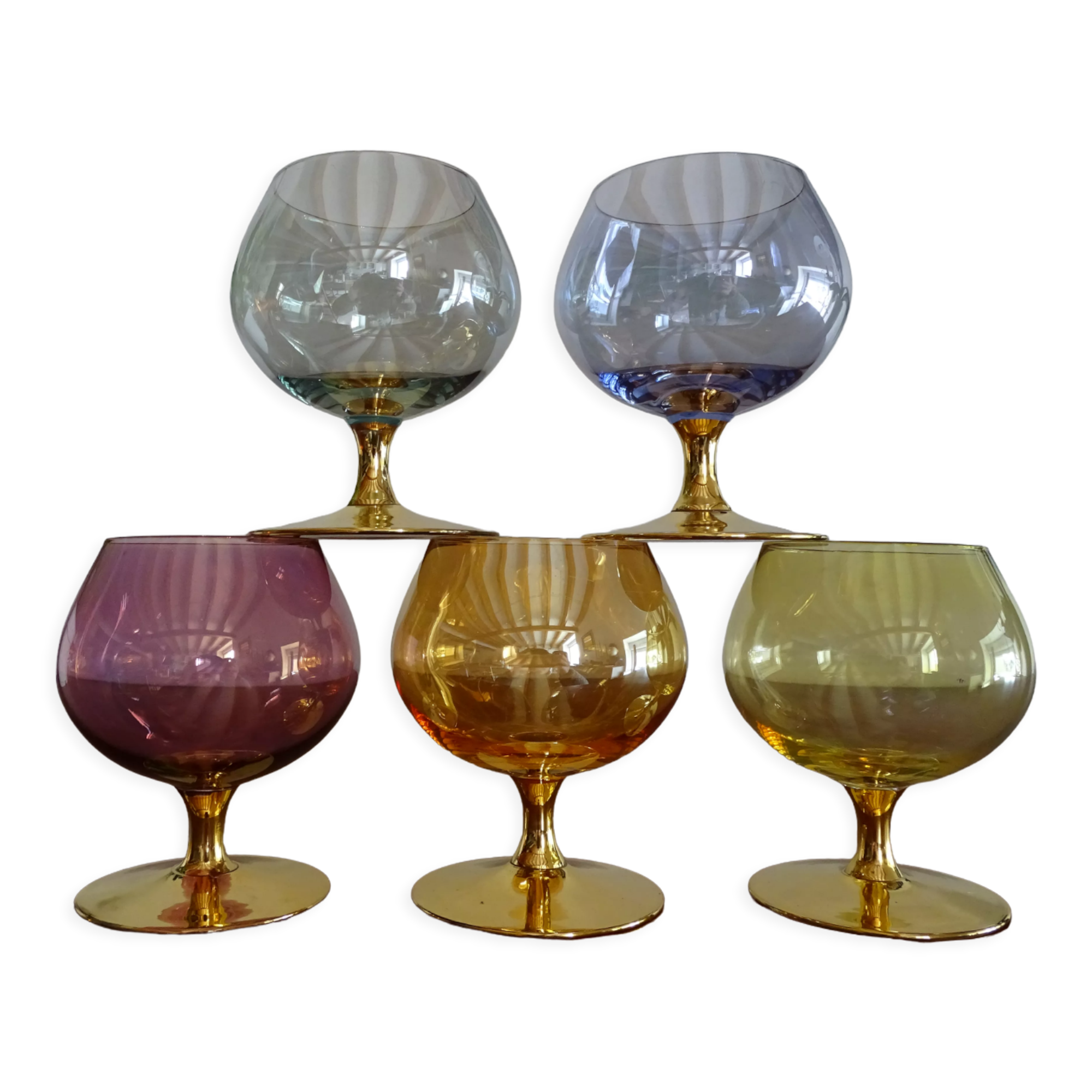 5 vintage coloured cognac glasses
