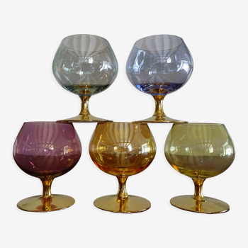 5 vintage coloured cognac glasses