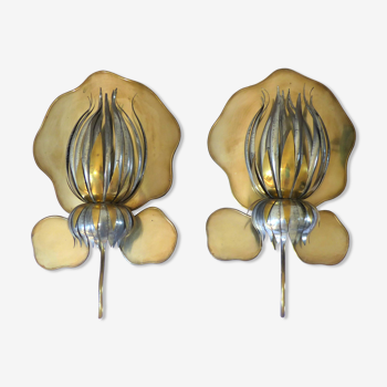 Pair of vintage metal Lotus flower sconces