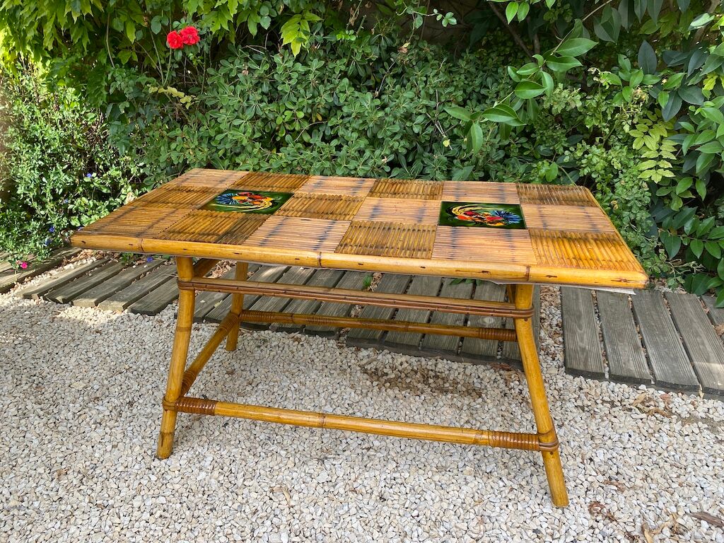 Table basse en bambou et céramique Vallauris  1960